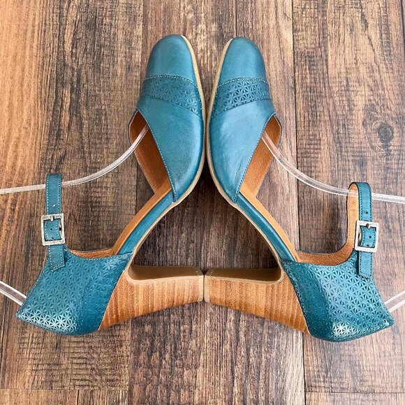 Miz Mooz Jay Mary Jane Pump Heel Embossed Leather Retro Size 9.5 EU 40.5 in Teal - Picture 5 of 16
